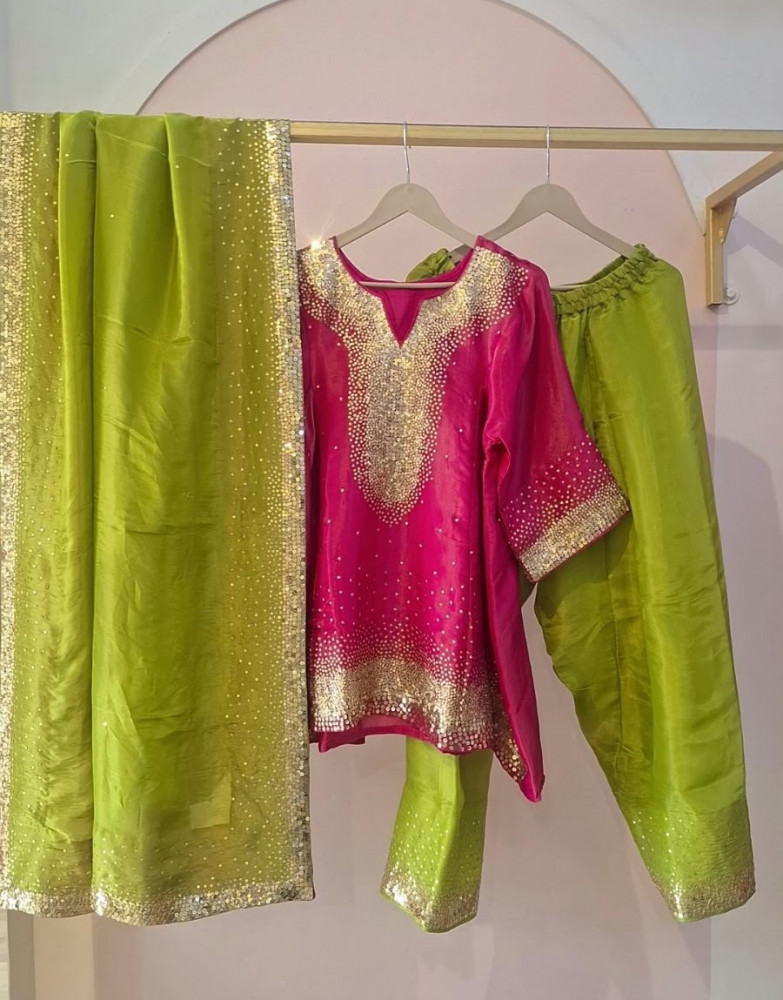 Image of RANI AND OLIVE GREEN HANDWORK TOP WITH PHARSHI PANT AND DUPPTTA SET