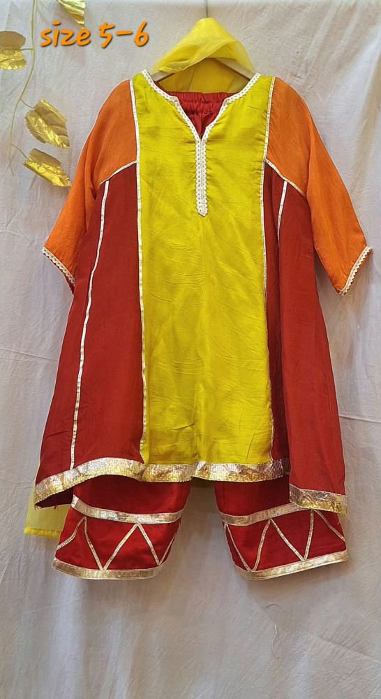 Image of YELLOW MULTI TOP WITH FARSHI PANT WITH DUPPTTA SET