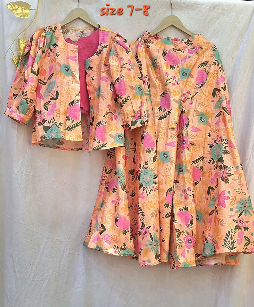 Image of PEACH PRINTED TOP WITH JACKET AND FLAYED PLAZO  SET