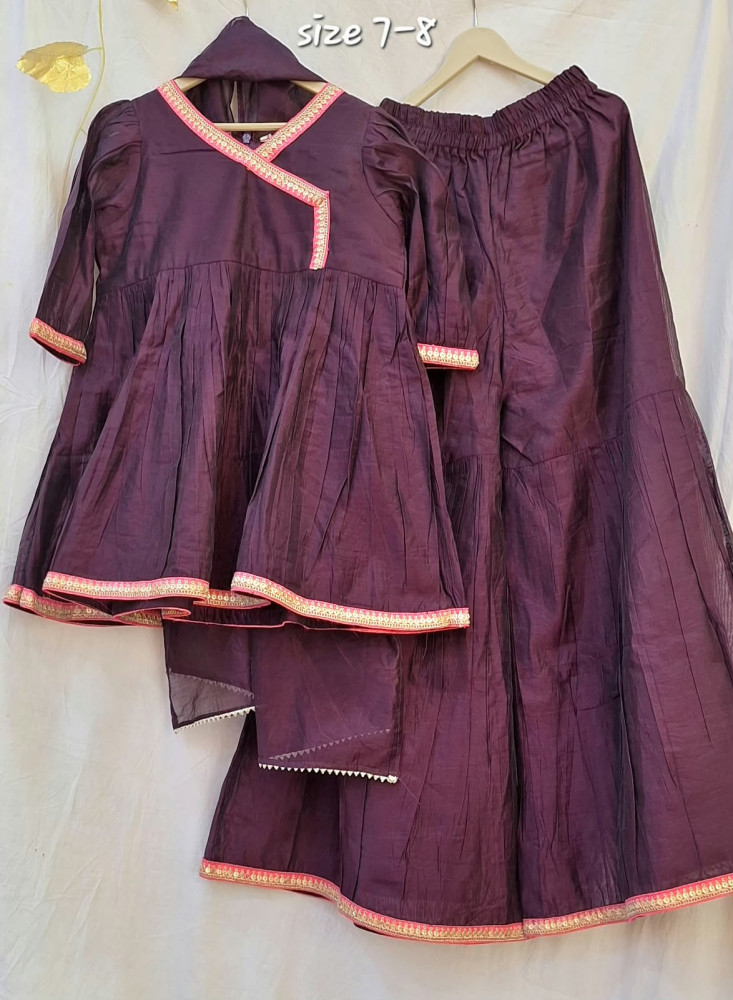 Image of WINE CHANDERI PEPLUM SHARARA DUPPTTA SET