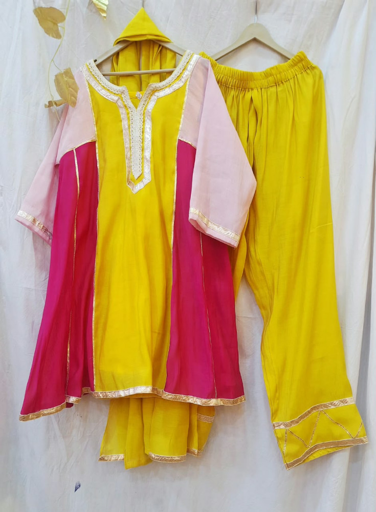 Image of MULTI MULCHANDERI TOP WITH PHARSHI PANT AND DUPPTTA SET