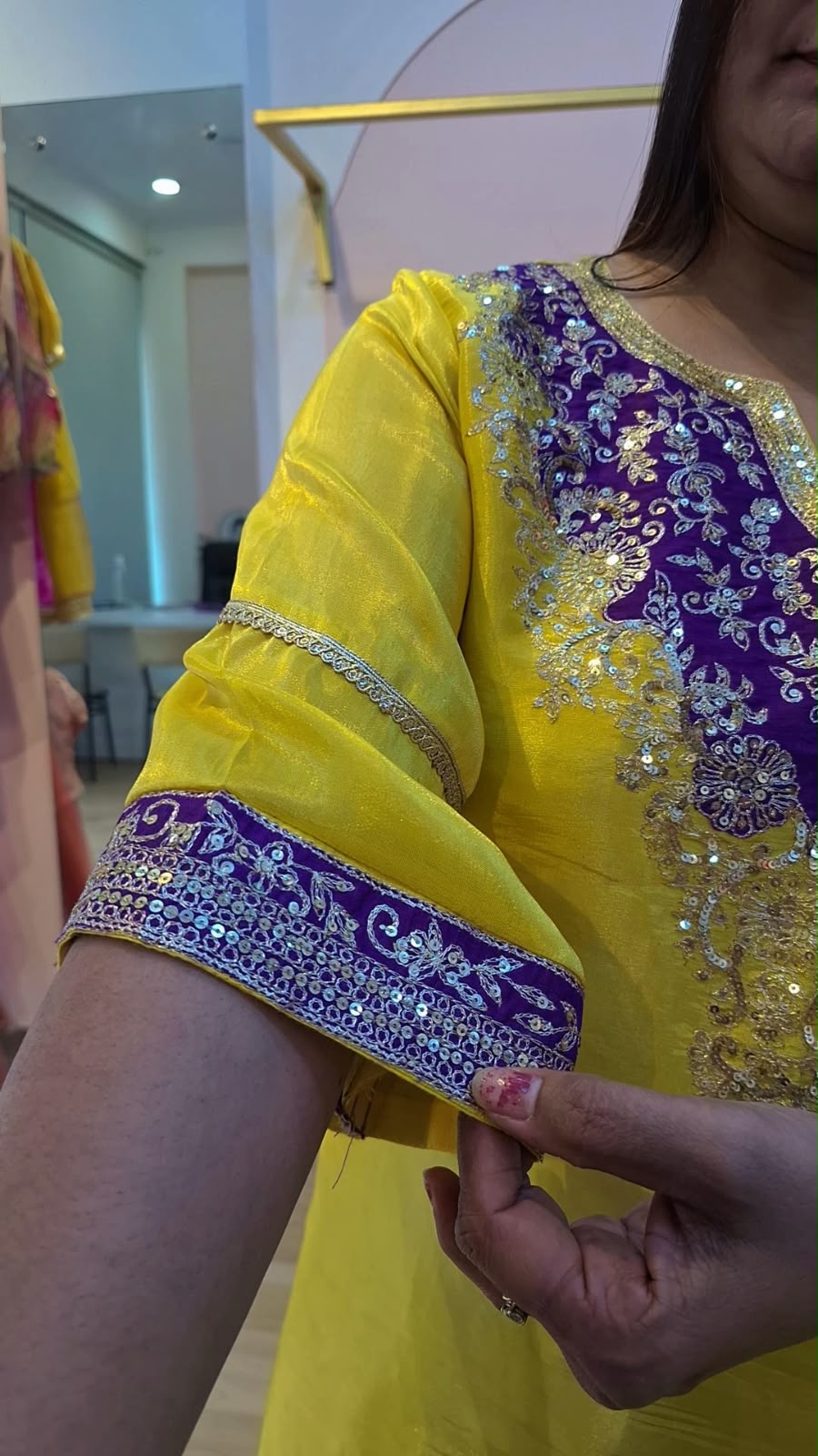 YELLOW TISSUE HANDWORK SHORT TOP WITH PHARSHI PANT SET