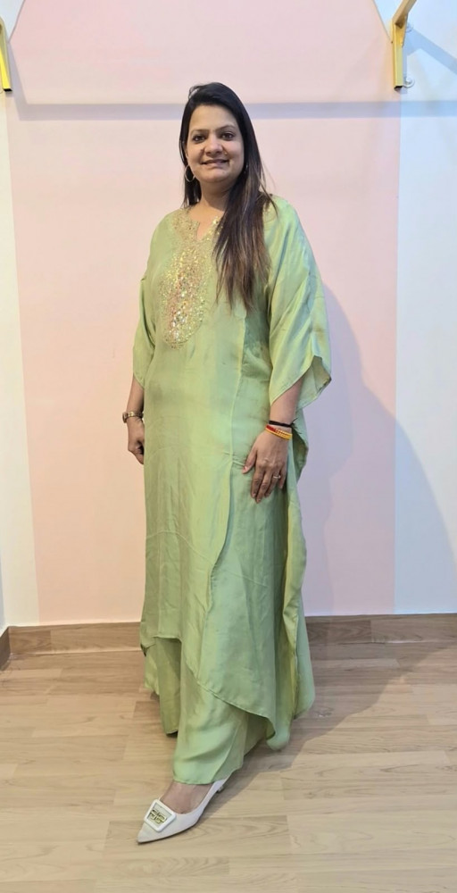 Image of SAGE GREEN HANDWORK KAFTAN SET