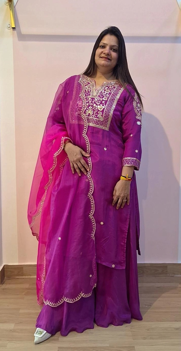 PURPLE HANDWORK KURTI WITH FLAYED PLAZO AND DUPPTTA SET