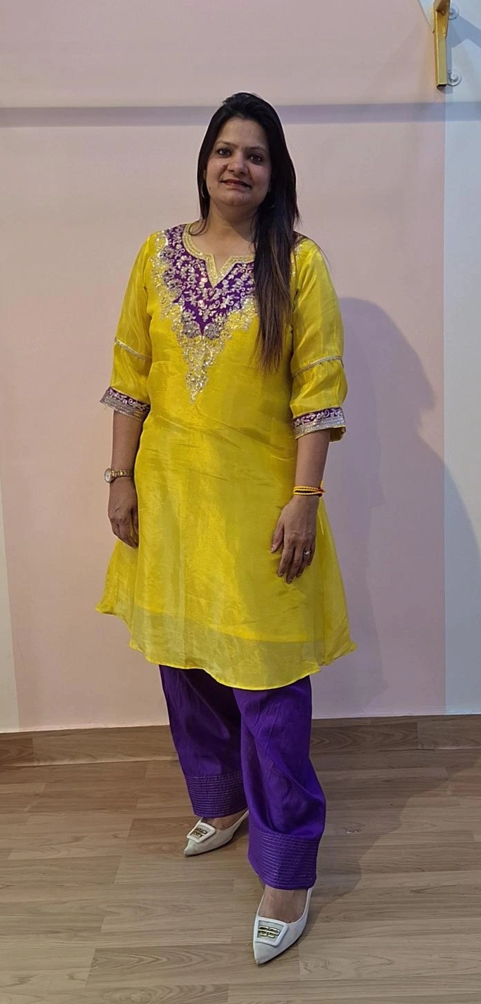 YELLOW TISSUE HANDWORK SHORT TOP WITH PHARSHI PANT SET