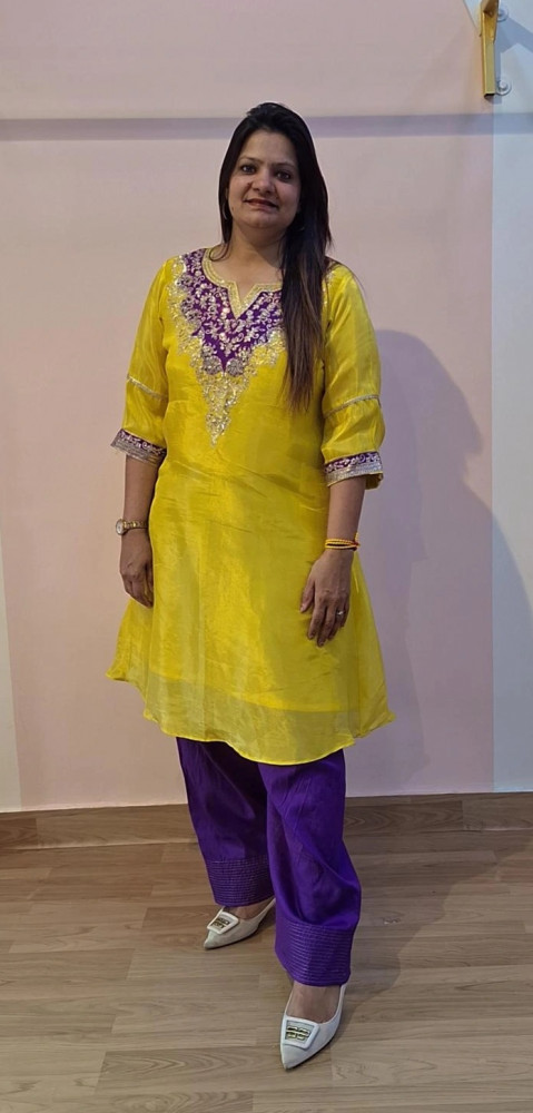 Image of YELLOW TISSUE HANDWORK SHORT TOP WITH PHARSHI PANT SET