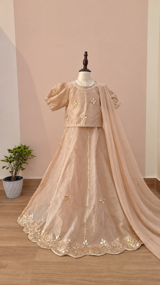 Image of PEACH CHANDERI TOP SKIRT AND DUPPTTA SET