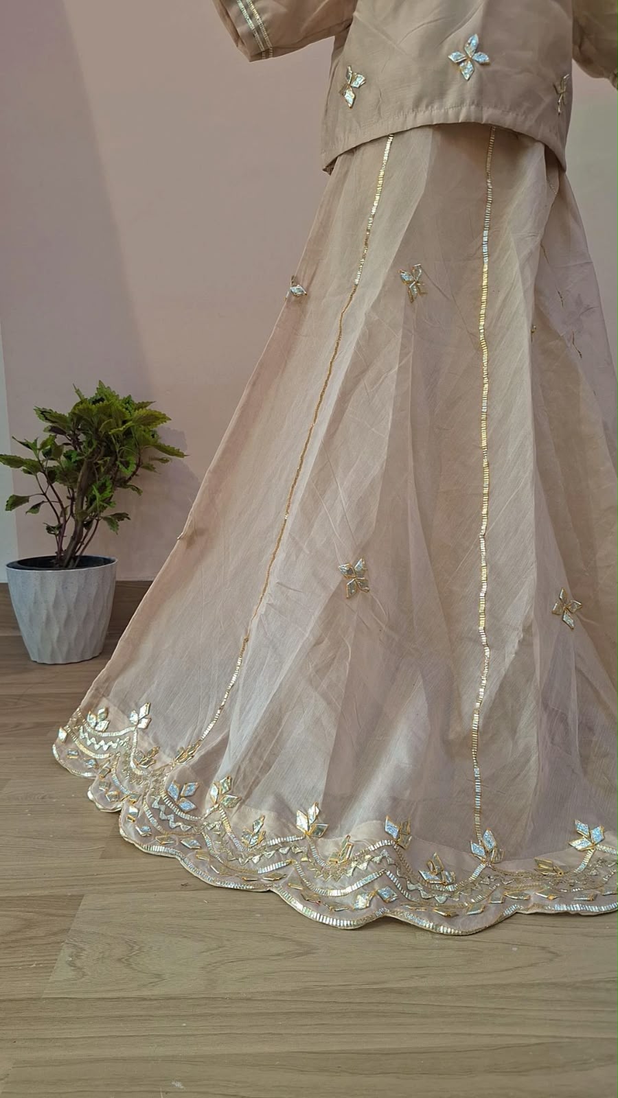 PEACH CHANDERI TOP SKIRT AND DUPPTTA SET