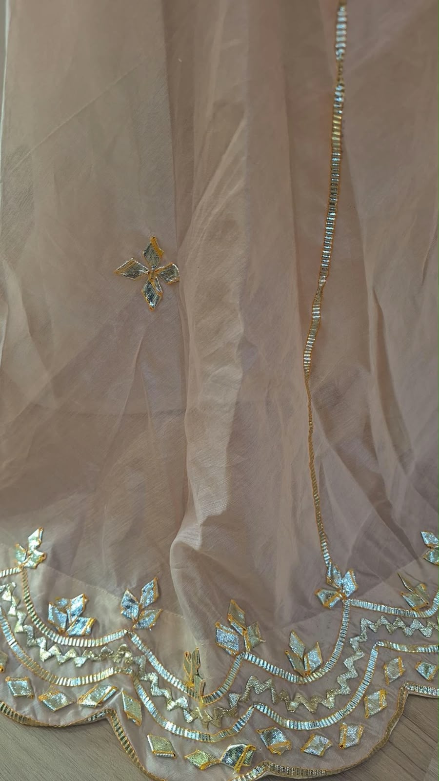 PEACH CHANDERI TOP SKIRT AND DUPPTTA SET