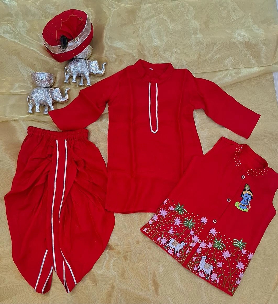 RED KURTA PAJMA WITH JACKET AND TURBAN SET