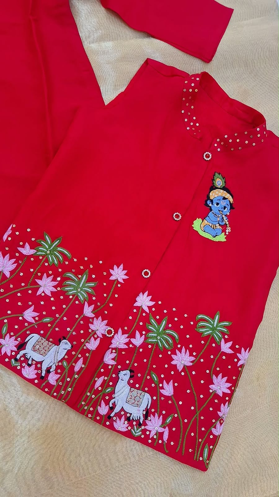 RED KURTA PAJMA WITH JACKET AND TURBAN SET