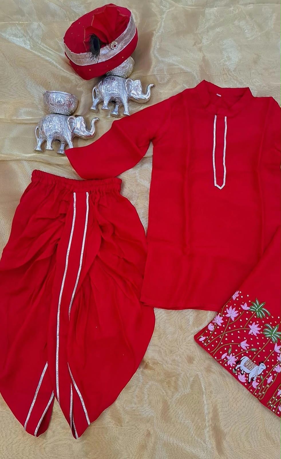 RED KURTA PAJMA WITH JACKET AND TURBAN SET