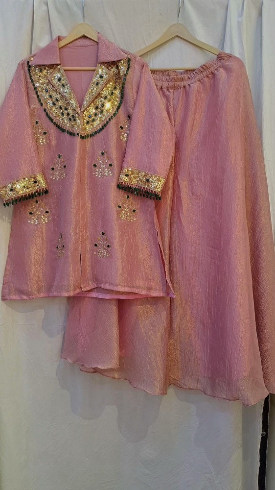 Image of PINK TOP WITH FLAYED PLAZO HANDWORK SET
