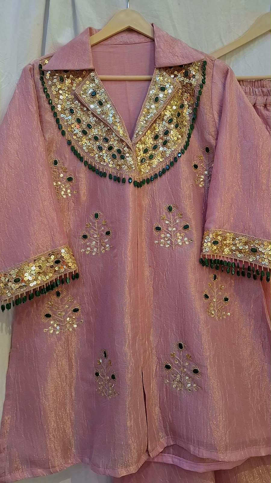 PINK TOP WITH FLAYED PLAZO HANDWORK SET