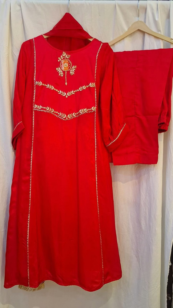 Image of RED SUIT WITH PANT AND ORGANZA DUPPTTA SET
