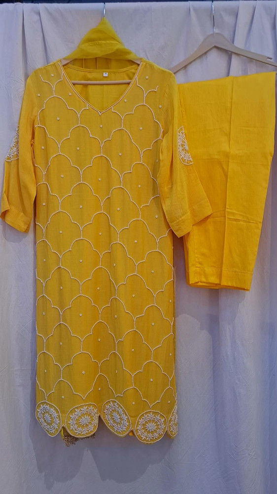 Image of YELLOW MULCHANDERI SUIT WITH PANT DUPPTTA SET