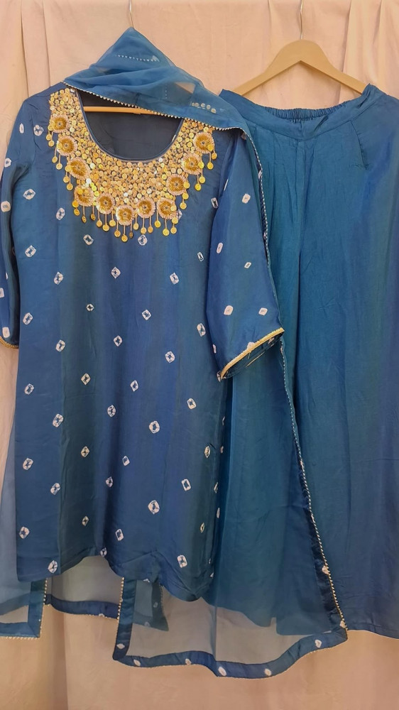 Image of TEAL BLUE SHORT KURTI WITH PLAZO AND DUPPTTA SET