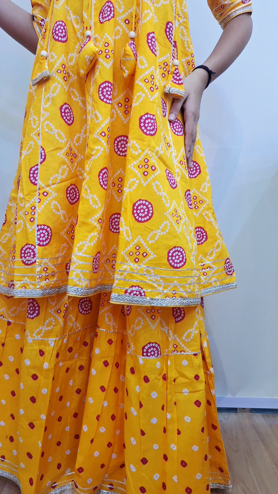 YELLOW COTTON SHORT A LINE KURTA WITH SHARARA AND SHIFFON DUPPTTA SET