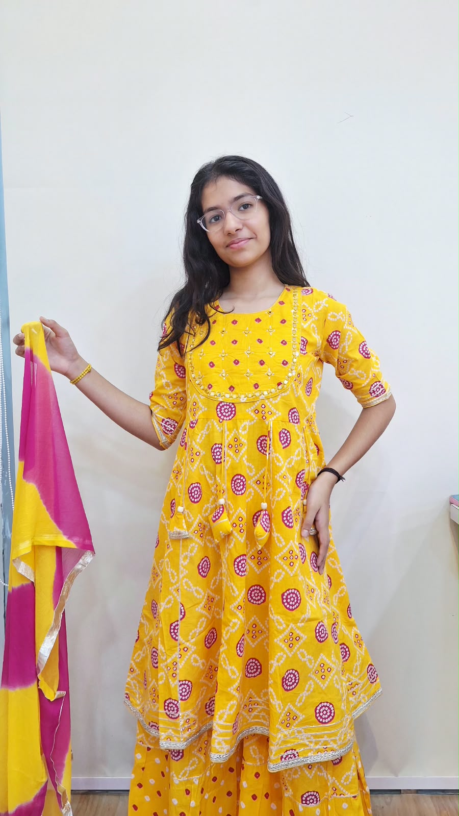 YELLOW COTTON SHORT A LINE KURTA WITH SHARARA AND SHIFFON DUPPTTA SET