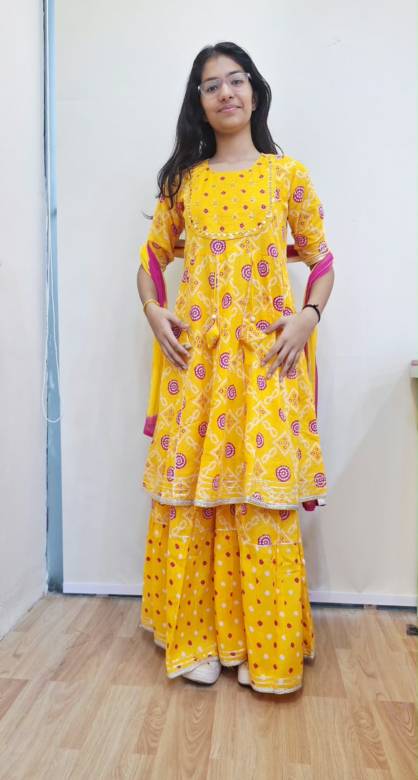 YELLOW COTTON SHORT A LINE KURTA WITH SHARARA AND SHIFFON DUPPTTA SET
