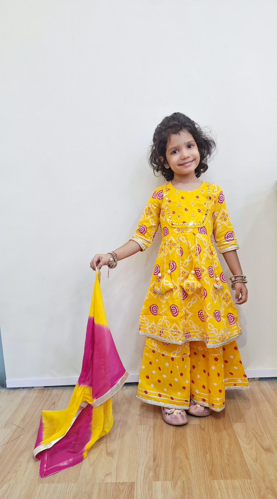 YELLOW COTTON SHORT A LINE KURTA WITH SHARARA AND SHIFFON DUPPTTA SET