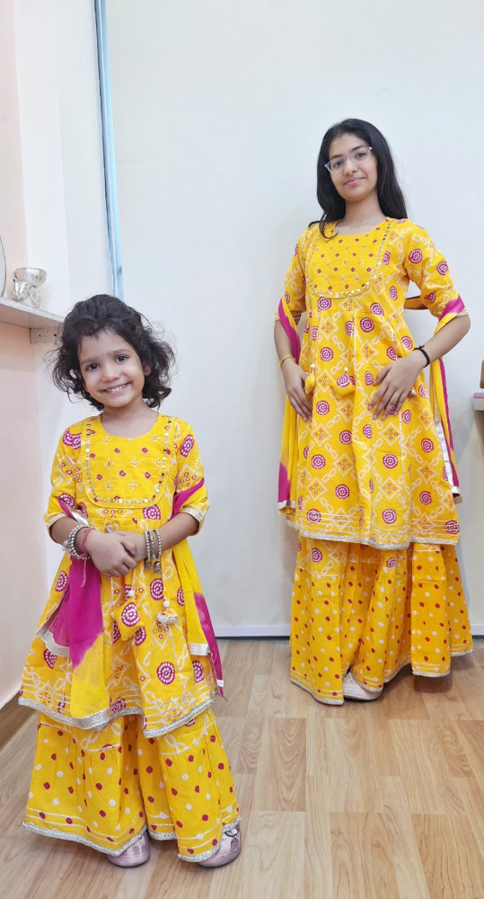 Image of YELLOW COTTON SHORT A LINE KURTA WITH SHARARA AND SHIFFON DUPPTTA SET