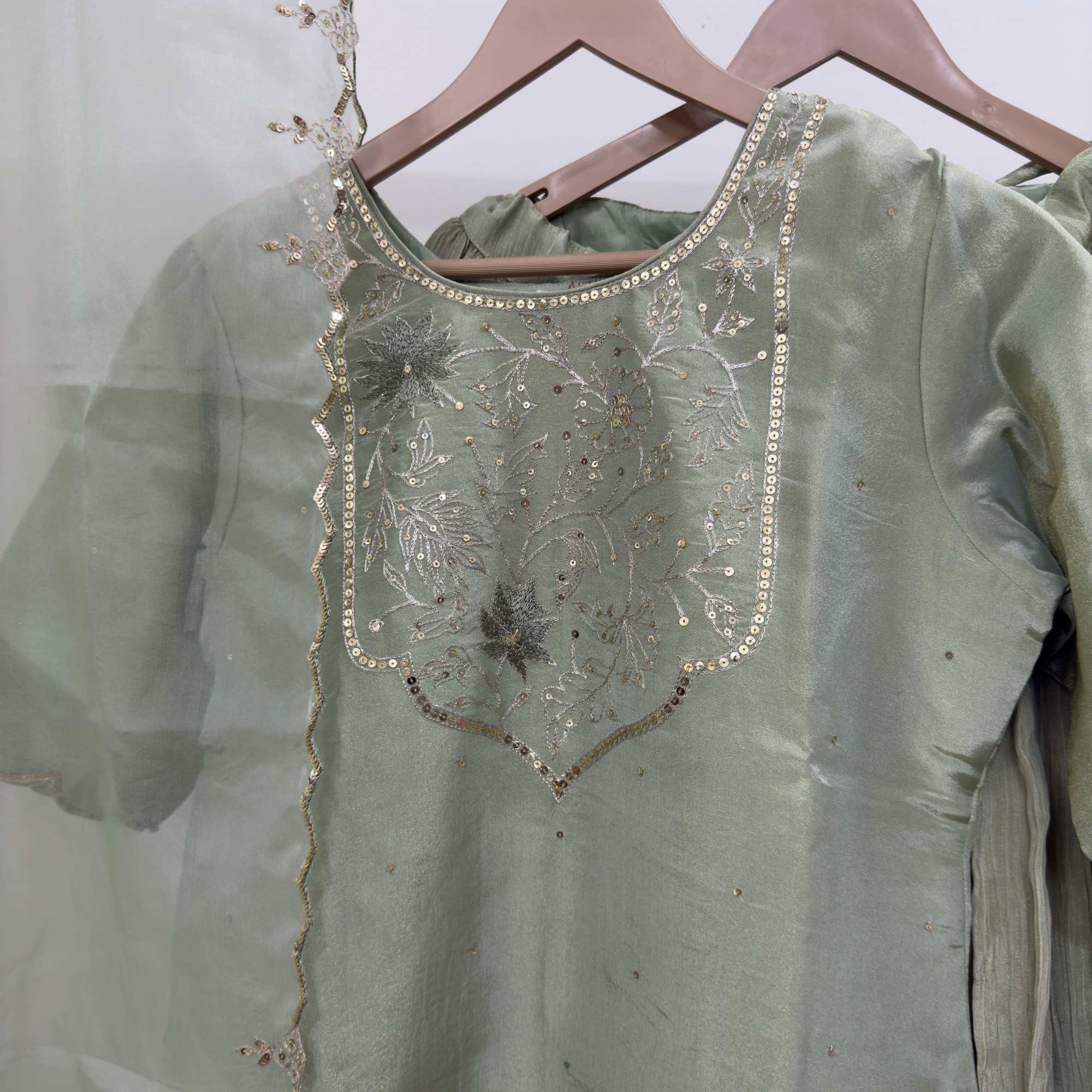Green Tissue Light Lehenga Set