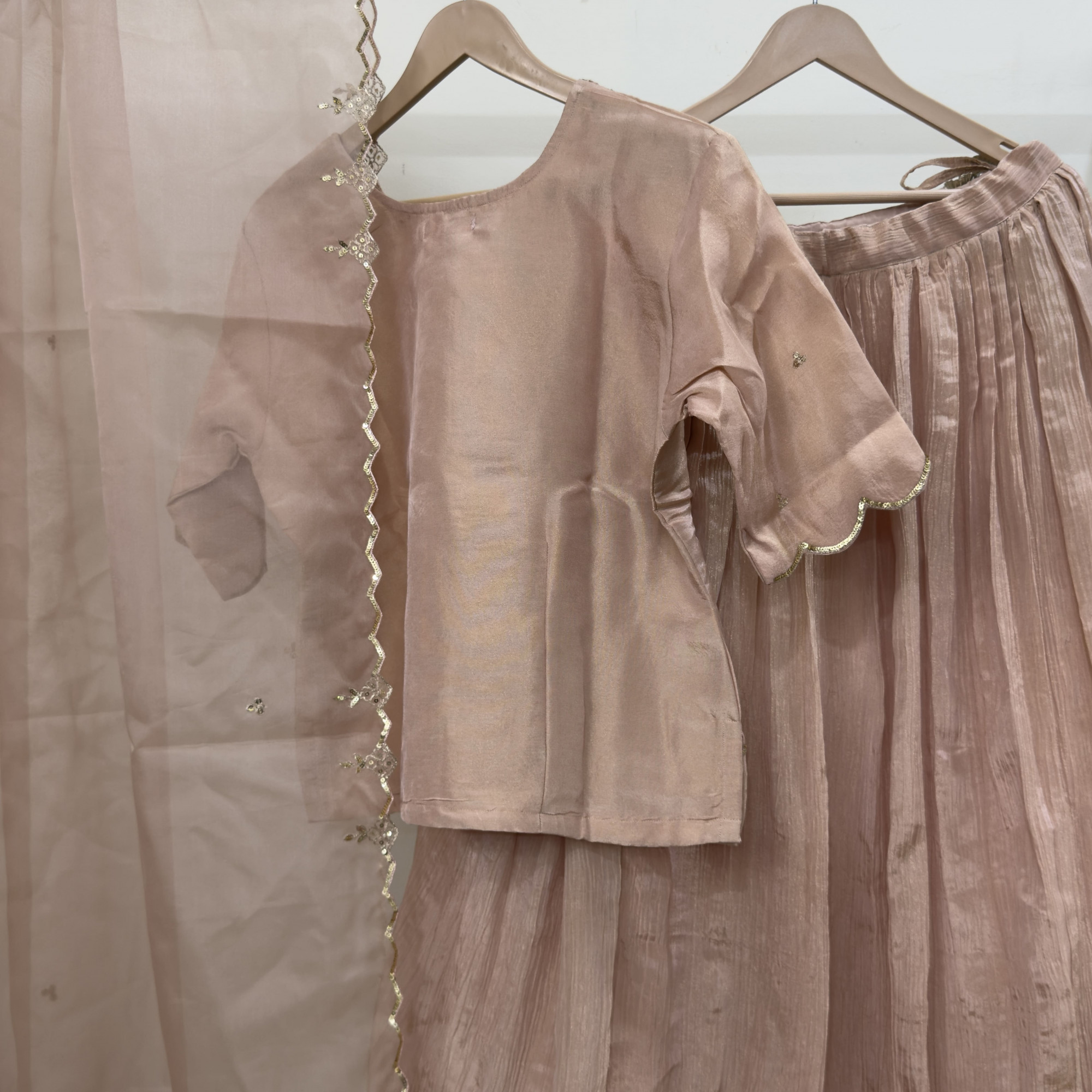 Peach-pink Tissue Light Lehenga Set