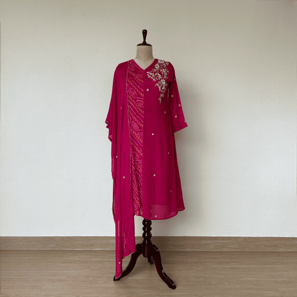 Magenta Bandhani and Embroidered Chinon Suit Set
