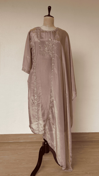 Grey-Brown Hand-Embroidered Tissue Suit Set