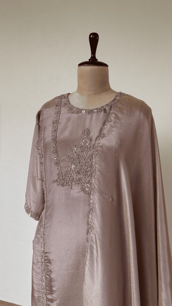 Grey-Brown Hand-Embroidered Tissue Suit Set