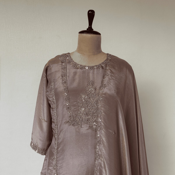 Grey-Brown Hand-Embroidered Tissue Suit Set