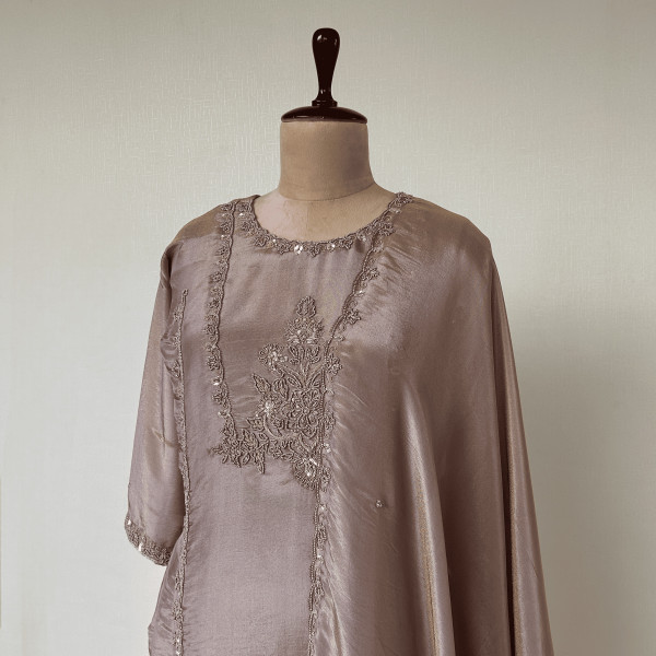 Grey-Brown Hand-Embroidered Tissue Suit Set
