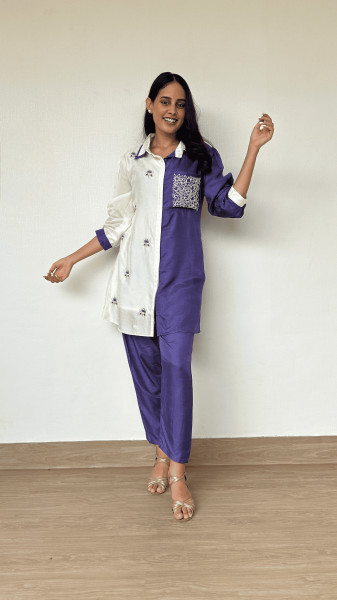 White and Purple Color Blocked Dola Silk Co-Ord Set