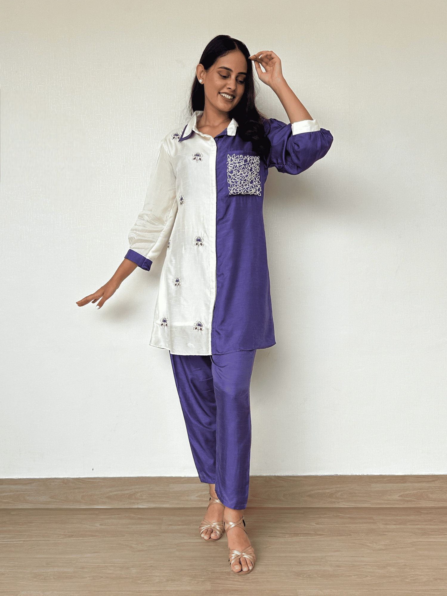 White and Purple Color Blocked Dola Silk Co-Ord Set