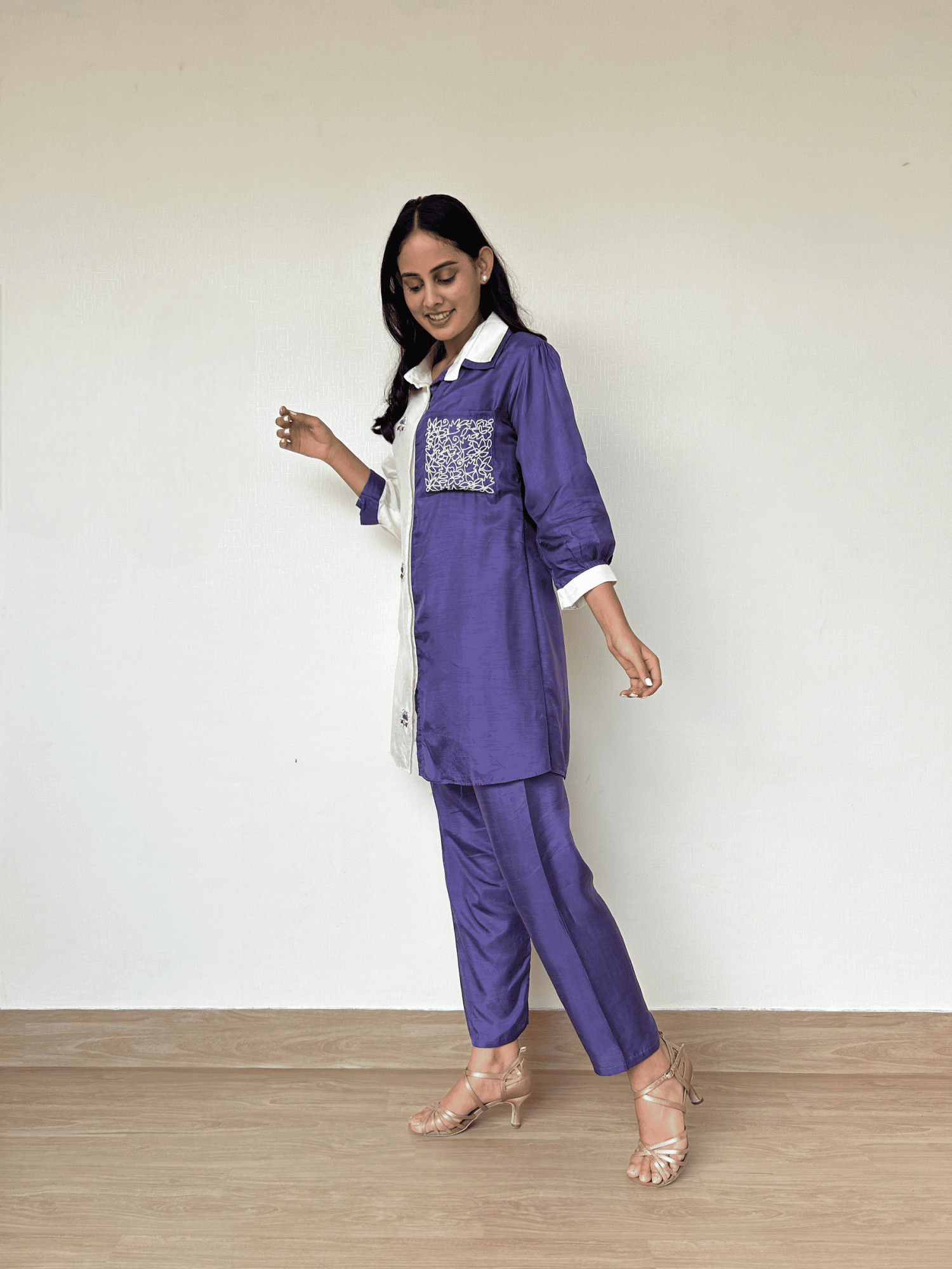 White and Purple Color Blocked Dola Silk Co-Ord Set