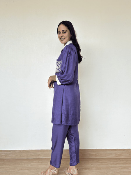 White and Purple Color Blocked Dola Silk Co-Ord Set