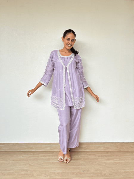 Powder Lilac Dola Silk Co-Ord Set with Pearl Embroidery