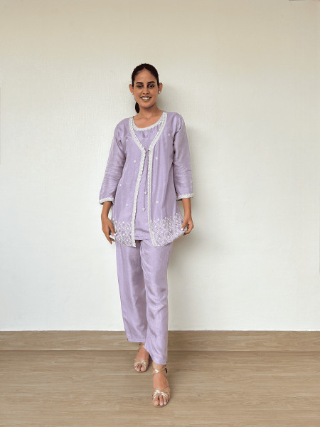 Powder Lilac Dola Silk Co-Ord Set with Pearl Embroidery