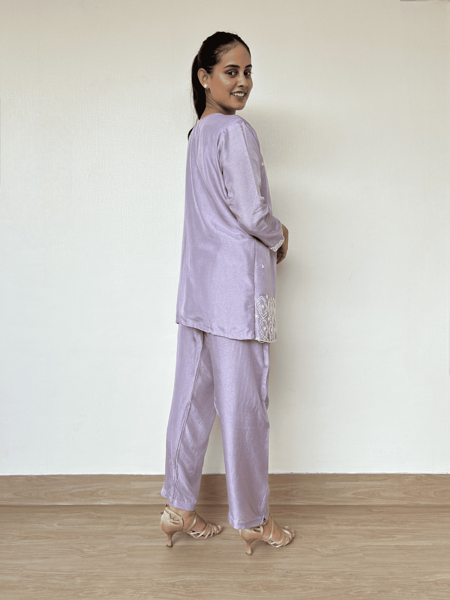 Powder Lilac Dola Silk Co-Ord Set with Pearl Embroidery