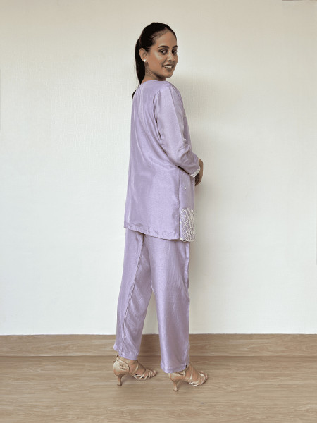 Powder Lilac Dola Silk Co-Ord Set with Pearl Embroidery