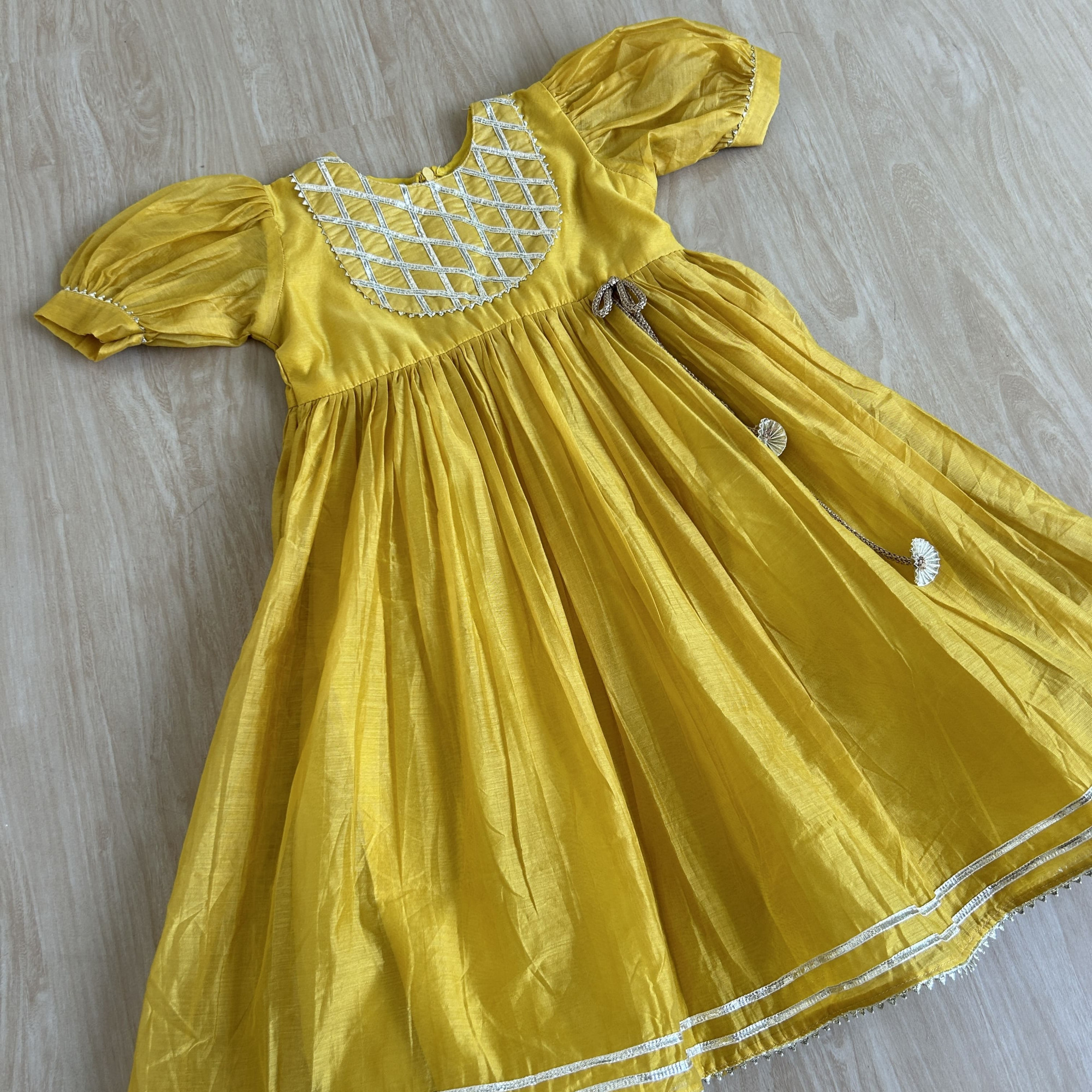 Subtle Mustard Yellow Gather Flare Frock with Gota Detailing