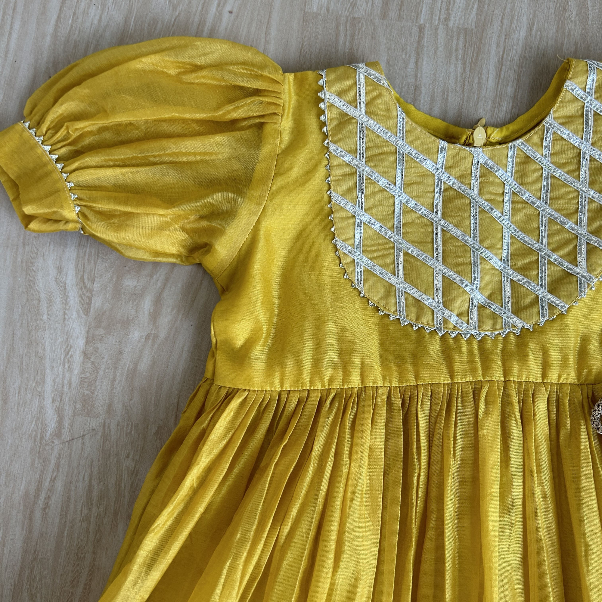 Subtle Mustard Yellow Gather Flare Frock with Gota Detailing