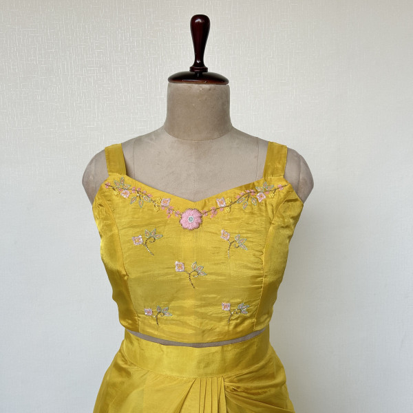 Draped Yellow Dhoti Skirt with Crop Top & Jacket Indo-western Outfit