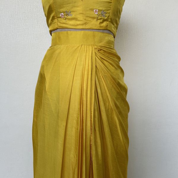 Draped Yellow Dhoti Skirt with Crop Top & Jacket Indo-western Outfit