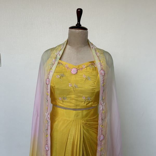Draped Yellow Dhoti Skirt with Crop Top & Jacket Indo-western Outfit