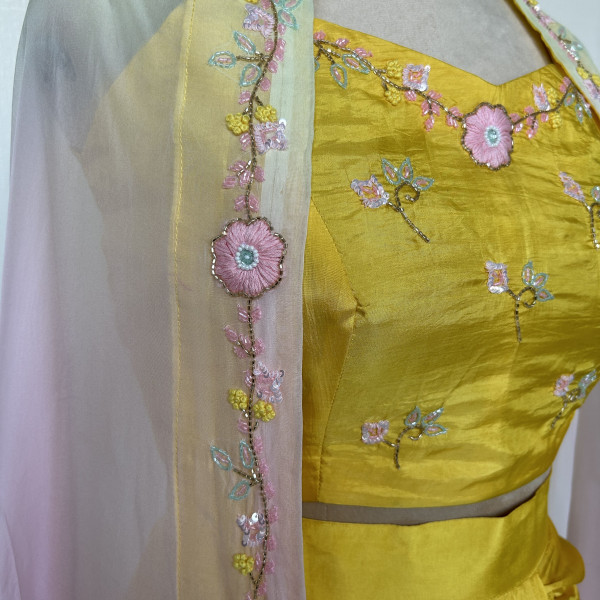 Draped Yellow Dhoti Skirt with Crop Top & Jacket Indo-western Outfit