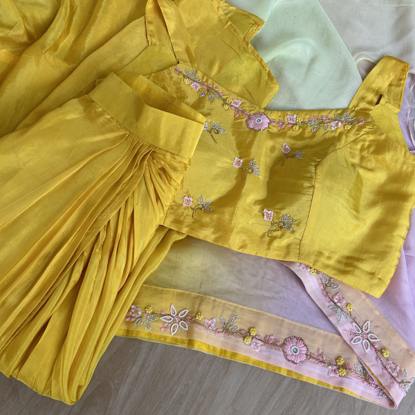 Draped Yellow Dhoti Skirt with Crop Top & Jacket Indo-western Outfit