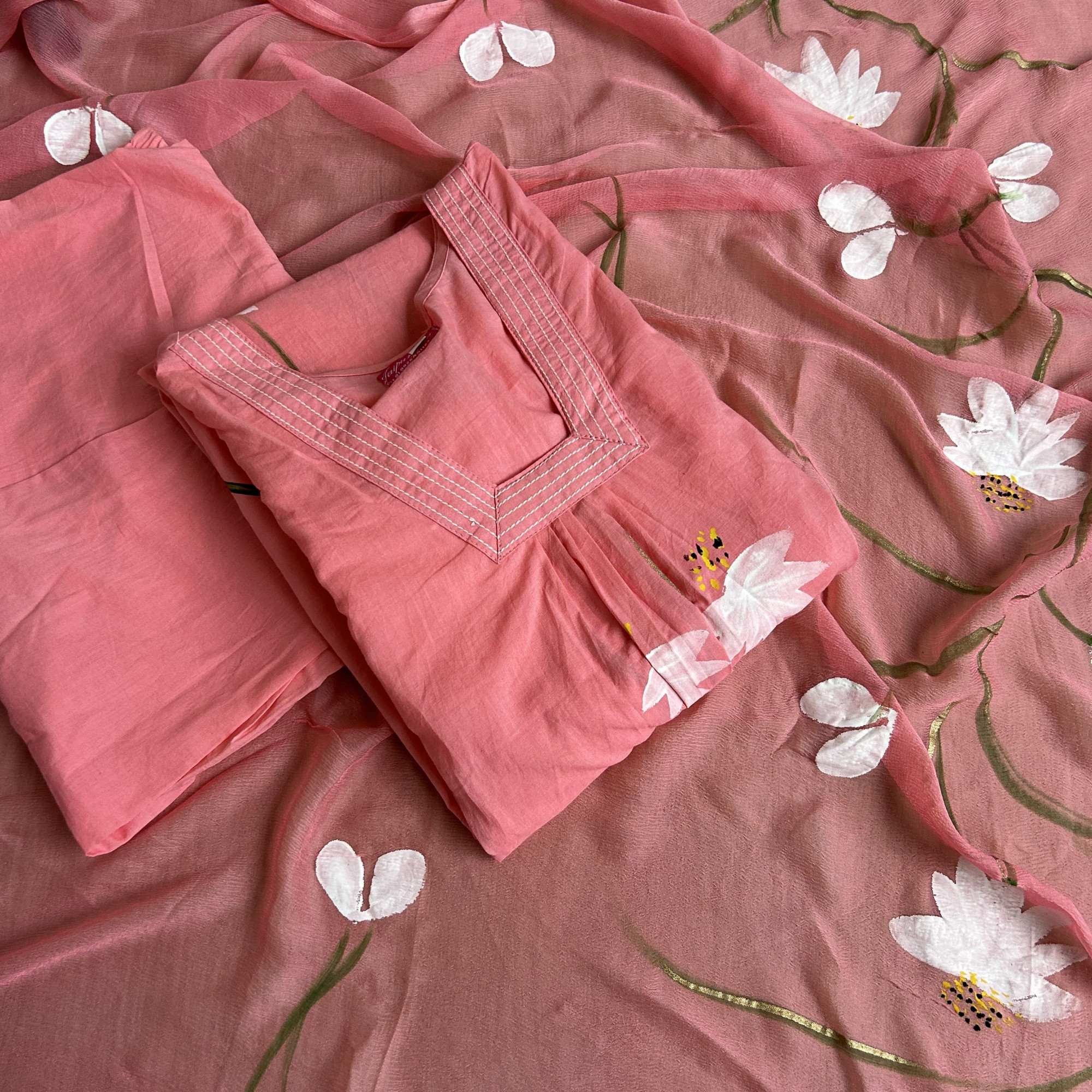 Subtle Pink Hand-Painted Cotton Suit Set
