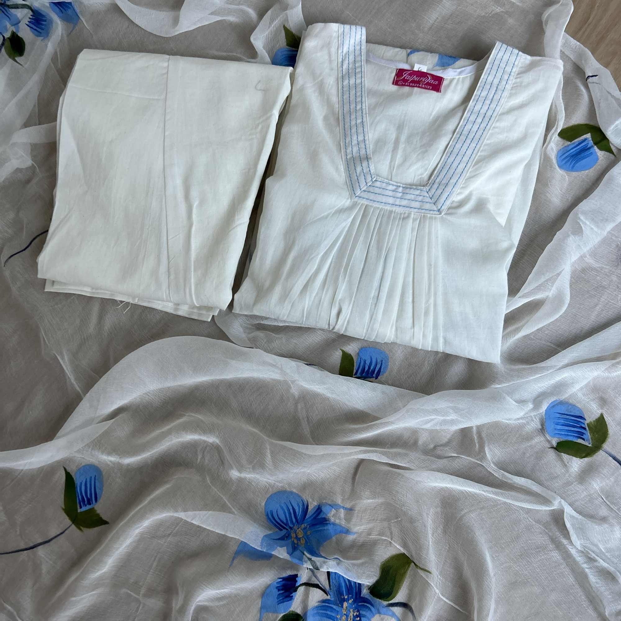 White Cotton Hand-Painted Suit Set